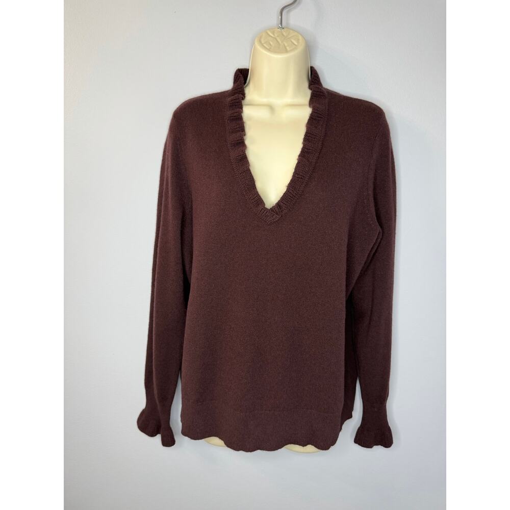 Sundance Cashmere Ruffle V-Neck Sweater Plum Women's L Soft Luxury